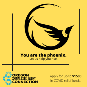 yellow square with black phoenix with text saying, 'you are the phoenix. let us help you rise. Apply for up to $1500 in COVID relief funds.