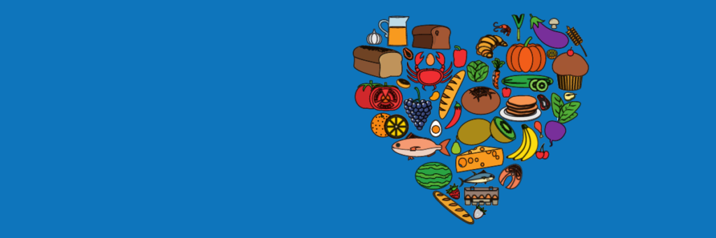 A variety of small drawings of food items arranged in the shape of a heart in front of a blue background.